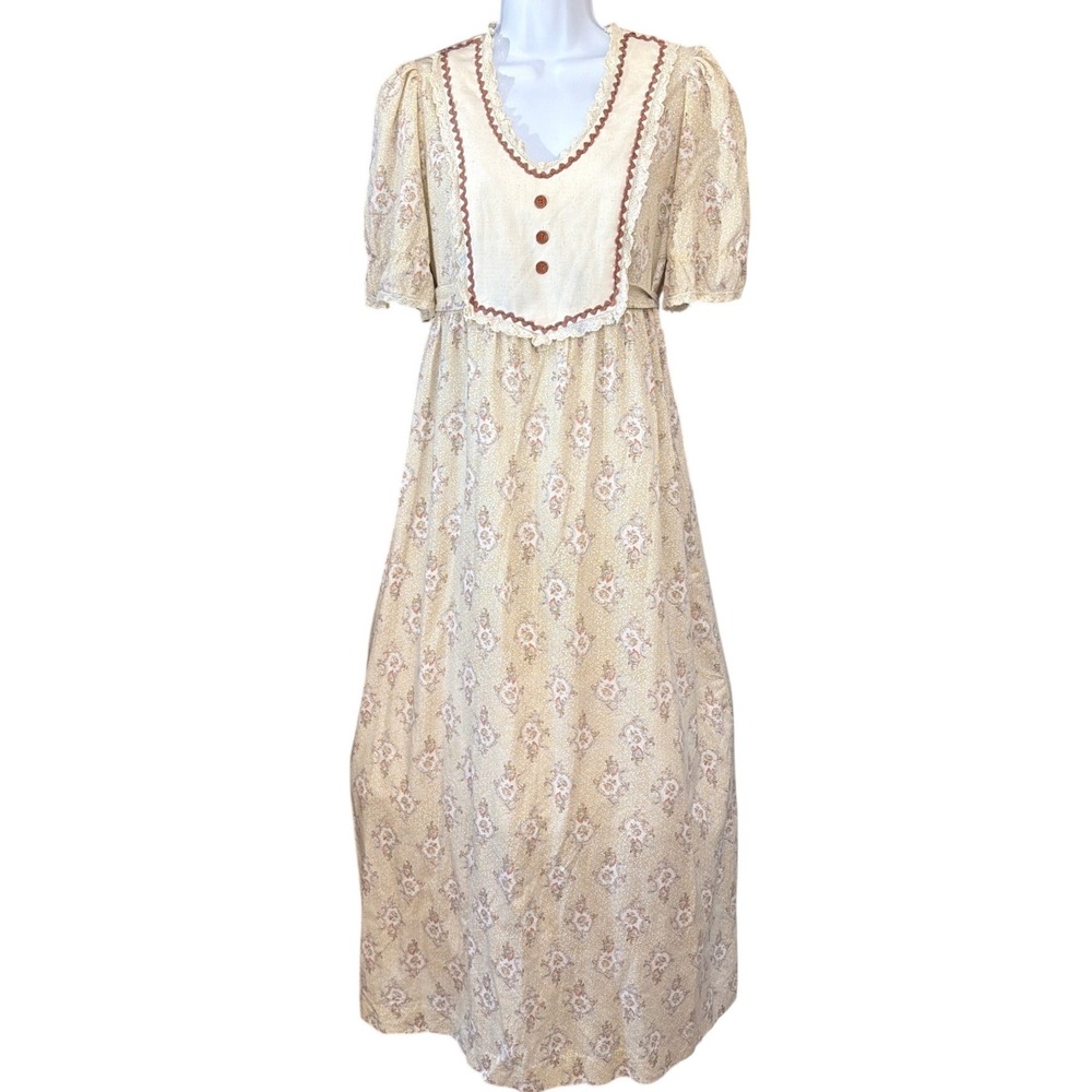 Vintage Lexis Maxi Dress Cottagecore Prairie Victorian Floral Bib Lace Trim 7670